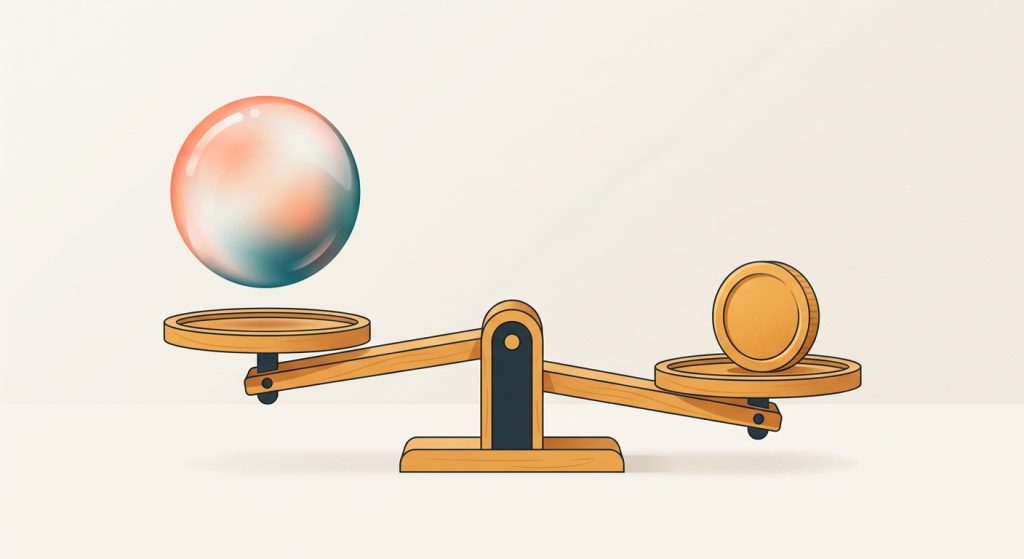 Una balanza de madera comparando una burbuja grande y ligera contra una moneda de oro pequeña y pesada.