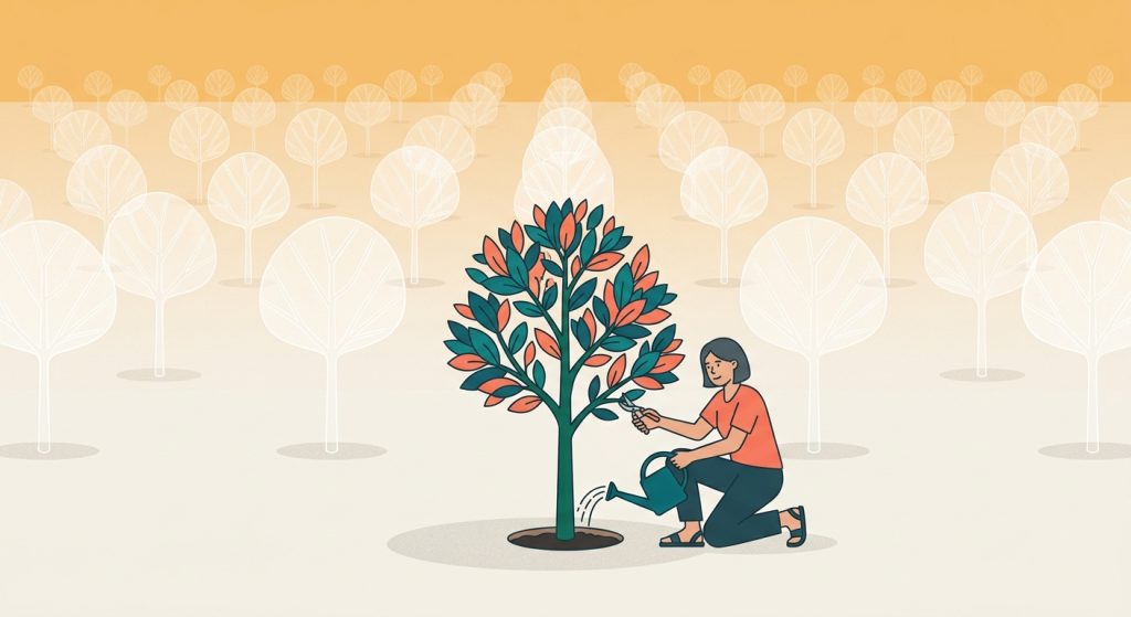 Una persona cuida un árbol verde que destaca en un bosque de siluetas blancas, simbolizando visibilidad y crecimiento.