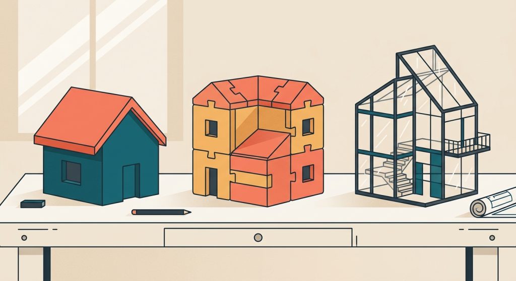 Tres maquetas de casas sobre una mesa: una de plástico simple, otra de bloques modulares y una artesanal de vidrio y metal.