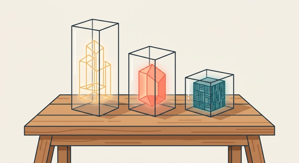 Tres prismas de cristal sobre una mesa que contienen elementos arquitectónicos, simbolizando el desglose de costos.