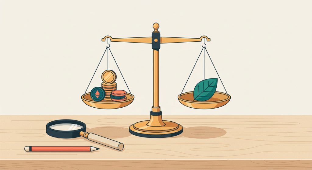 Una balanza de precisión equilibrando monedas y una hoja verde sobre un escritorio de madera con una lupa al lado.