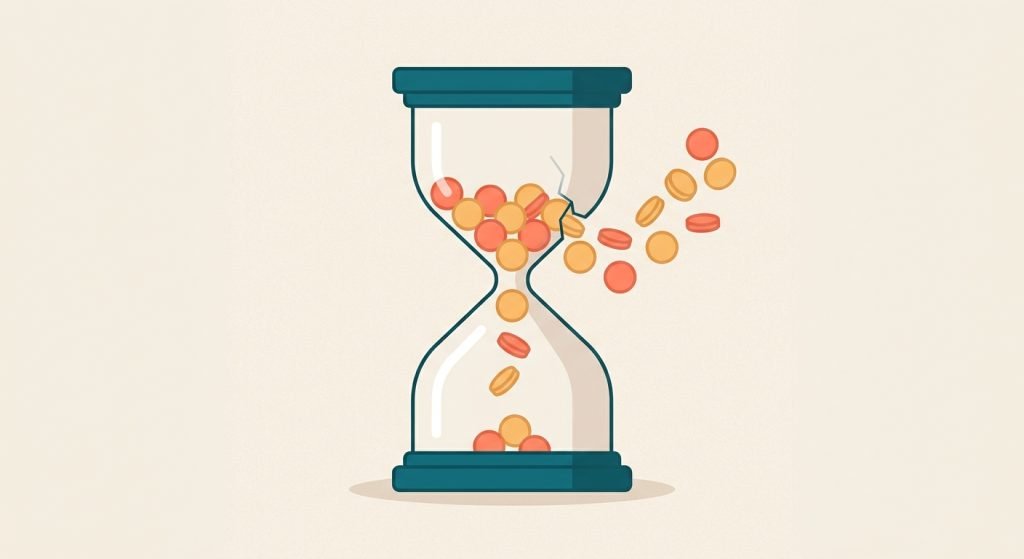 Un reloj de arena con monedas de oro escapando por una pequeña grieta en el cristal sobre un fondo neutro.